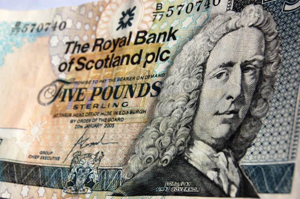 Banknote for five pounds sterling produced by the Royal Bank of Scotland. Showing Lord Islay, the first governor of the Royal Bank of Scotland.