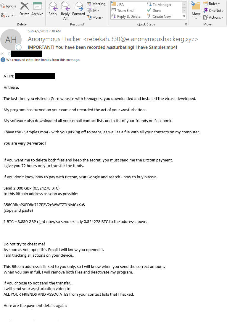 Sextortion scam email 