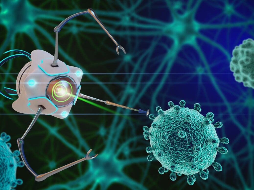 Medtech artistic representation: Nanobot interfacing with cell.